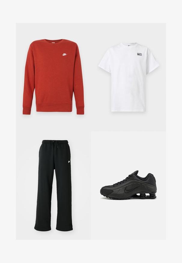 Rød bomuldssweatshirt med lange ærmer og ribstrikkede manchetter. Har en lille hvid Nike-logo på øverste venstre bryst. Klassisk rund hals.; Hvid T-shirt med korte ærmer og rund hals med lille sort Nike swoosh-logo i en rektangel på venstre bryst.; Sorte joggingbukser lavet af blødt stof, med elastisk talje og justerbar snøring samt et lille logoakcent på siden.; Sorte løbesko med en glat syntetisk overdel, perforerede detaljer, teksturerede sidedele og en distinkt fjedrende sål.