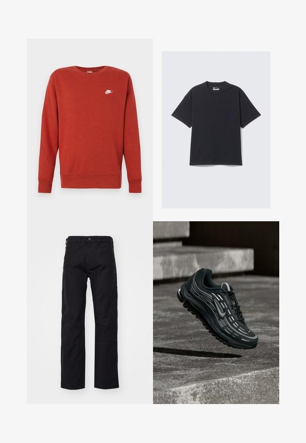 Rotes Baumwoll-Sweatshirt mit langen Ärmeln und gerippten Bündchen. Verfügt über ein kleines weißes Nike-Logo auf der oberen linken Brust. Klassisches Rundhalsausschnitt-Design.; Schwarzes Baumwoll-T-Shirt mit klassischem Rundhalsausschnitt, kurzen Ärmeln und lockerer Passform. Glatte Textur mit minimalen Nähten.; Schwarze Canvas-Hosen mit geradem Bein, ausgestattet mit einem frontalen Knopfverschluss, Gürtelschlaufen und Seitentaschen. Die Textur ist glatt und strapazierfähig.; Schwarzer und grauer Nike Air Max Sneaker, der über graue Betonstufen mit strukturiertem Bodenhintergrund schwebt.
