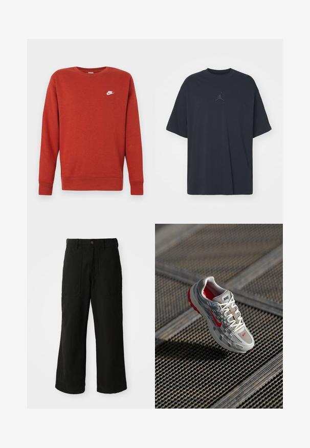 Rode katoenen sweatshirt met lange mouwen en geribbelde manchetten. Voorzien van een klein wit Nike-logo op de linkerbovenborst. Klassiek ontwerp met ronde hals.; Zwarte katoen T-shirt met een losse pasvorm, ronde hals, korte mouwen, met een subtiele logo en de tekst "AIR" boven het logo in het midden.; Zwarte wijde broek van zachte stof, met voorzakken en een knoopsluiting in de taille. Minimalistisch ontwerp zonder zichtbare patronen.; Nike hardloopschoen met een grijze mesh bovenkant, rode accenten en een gestructureerde witte zool. Veters zijn wit met zilveren hardware om aan te spannen.