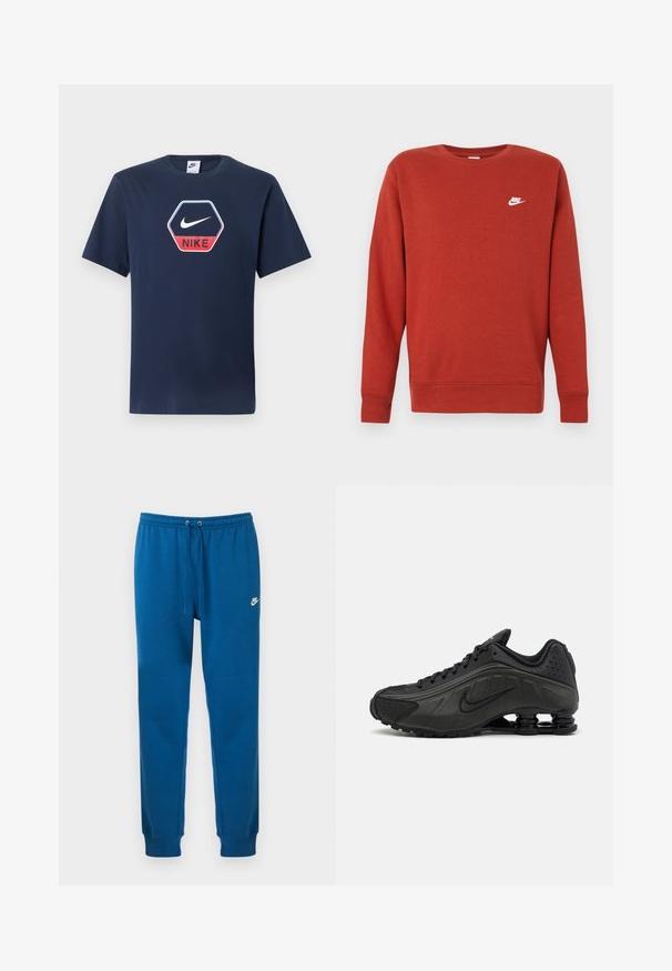 Rdeč bombažni pulover z dolgimi rokavi in rebrastimi manšetami. Na zgornjem levem delu prsnega koša je majhen bel Nike logotip. Klasičen dizajn z okroglim ovratnikom.; Temno modra majica Nike z kratkimi rokavi, okroglim izrezom in šestkotnim logotipom, ki na sprednji strani vsebuje belo kljukico in rdeč napis "NIKE".; Modre bombažne trenirke z elastičnim pasom, vezalko in belim logotipom Nike na levi boki. Oblečeni manšeti na gležnjih.; Črne tekalne čevlje z gladkim sintetičnim zgornjim delom, perforiranimi poudarki, teksturiranimi stranskimi paneli in edinstvenim elastičnim podplatom.