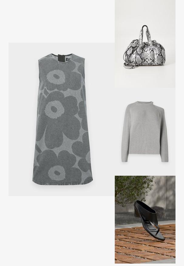Copenhagen Muse COLIN PULLOVER - Striktrøje - light grey; Ærmeløs kjole i grå denim med store mørkegrå blomster mønstre. Rund halsudskæring med en nøglehul åbnings bagpå og lige silhuet.; Sort højhælet sandal med thongsrem, svævende over et mønstret træ- og grusbelagt udendørsareal med sløret grønt område og væg i baggrunden.; Håndtaske med sort og hvid slidmønster, to håndtag, snøre lukning og aftagelig skulderrem. Glat tekstur.