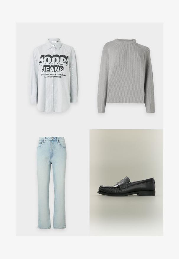 Copenhagen Muse COLIN PULLOVER - Neule - light grey; Raidallinen vaaleansininen ja valkoinen nappipaita. Etupuolella on rohkea musta "JOOP! JEANS" -logo, ja paidassa on pitkät hihat.; Vaaleansiniset korkeavyötäröiset suorat farkut, joissa edessä nappi, vyölenkit ja klassinen viiden taskun malli yksivärisellä taustalla.; Musta nahkainen penny loafer, jossa rypytetty varvasosa ja matala kerrostettu korko, sivulta nähtynä neutraalilla taustalla.