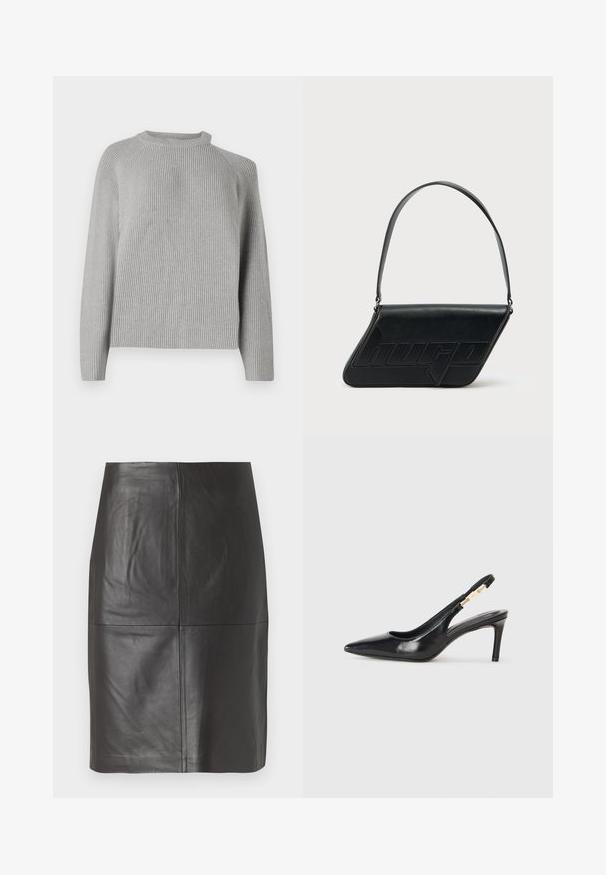 Copenhagen Muse COLIN PULLOVER - Striktrøje - light grey; Sort lædernederdel med en glat tekstur, der har lodrette sømme og en lige skæring. Ingen synlig hardware eller accenter.; Sort læder slingback højhælede sko med spidse tæer, glat overflade og en smal ankelrem med guldfarvede hardware detaljer.; Sort skuldertaske i læder med trekantet form, præget logo og en enkelt justerbar rem. Minimalistisk design med glat tekstur.