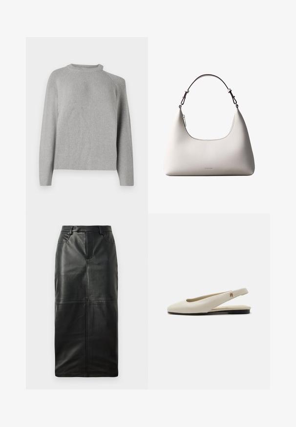 Copenhagen Muse COLIN PULLOVER - Trui - light grey; Zwarte leren kokerrok met hoge taille, verdekte rits en voorzakken, met een stevige textuur en naaddetails.; Crèmekleurige leren slingback platte schoen met ronde neus en klein gouden embleem op het bandje.; Romige Calvin Klein leren schoudertas met gebogen bovenrand, zilveren rits en donkerbruine verstelbare riem.