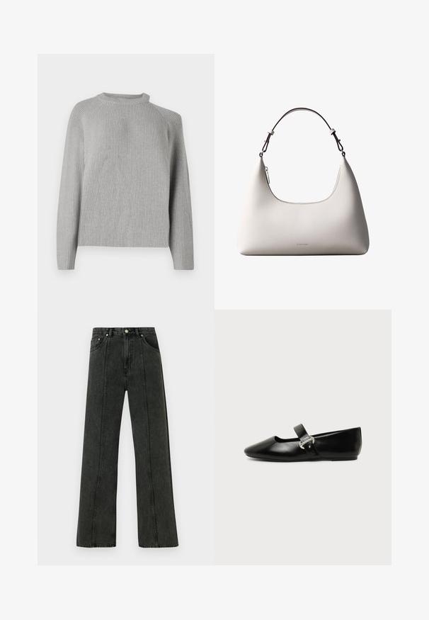 Copenhagen Muse COLIN PULLOVER - Striktrøje - light grey; Højtaljede jeans med vide ben i mørkegråt denim. Har et klassisk fem-lomme-design og synlige syninger langs forreste sømme.; Sort læder Mary Jane-flad sko med rundet tå og sølvspænde på ensfarvet baggrund.; Cremefarvet skuldertaske i læder fra Calvin Klein med buet topkant, sølvfarvet lynlås og mørkebrun justerbar rem.