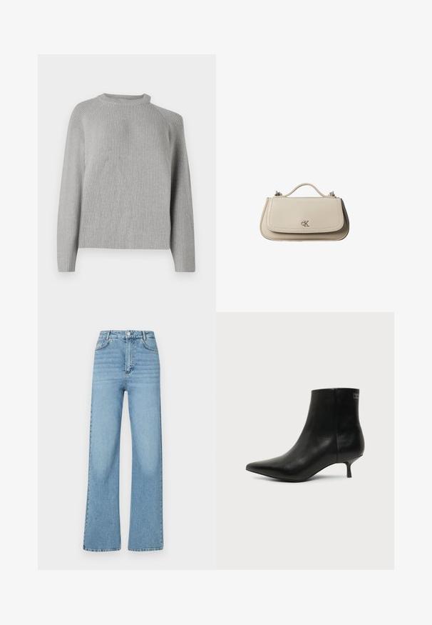 Copenhagen Muse COLIN PULLOVER - Svetrík - light grey; Svetlomodré široké džínsy vyrobené z denimu. Majú päť vreciek, predné zapínanie na gombík a čistý, neošúchaný dizajn.; Čierna kožená členková šnúrovacia obuv s ostrou špičkou a nízkym kitten podpätkom na svetlom pozadí, pohľad z vonkajšej strany.; Malá béžová kožená kabelka s horným držadlom a strieborným logom CK na prednej chlopni, zobrazená na bielom pozadí.