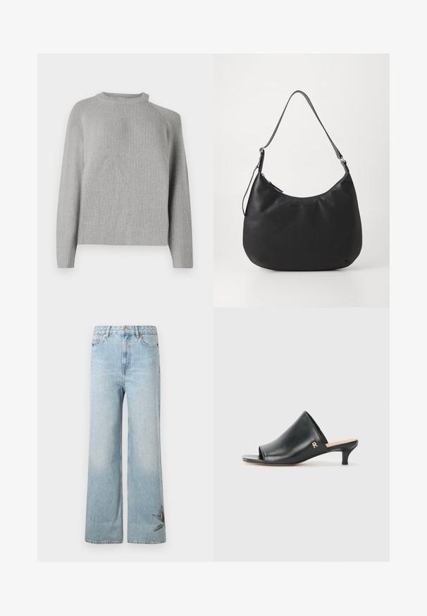 Copenhagen Muse COLIN PULLOVER - Striktrøje - light grey; Lysblå vide jeans lavet af denim, med en falmet tekstur og blomsterbroderi detalje på den nederste venstre ben.; Sorte læder open-toe mules med en lav hæl. Har en glat overflade og et guld logo-prim på siden.; Sort hobo-taske lavet af glat, holdbart materiale. Har en enkelt justerbar rem og et subtilt præglogo på forsiden.