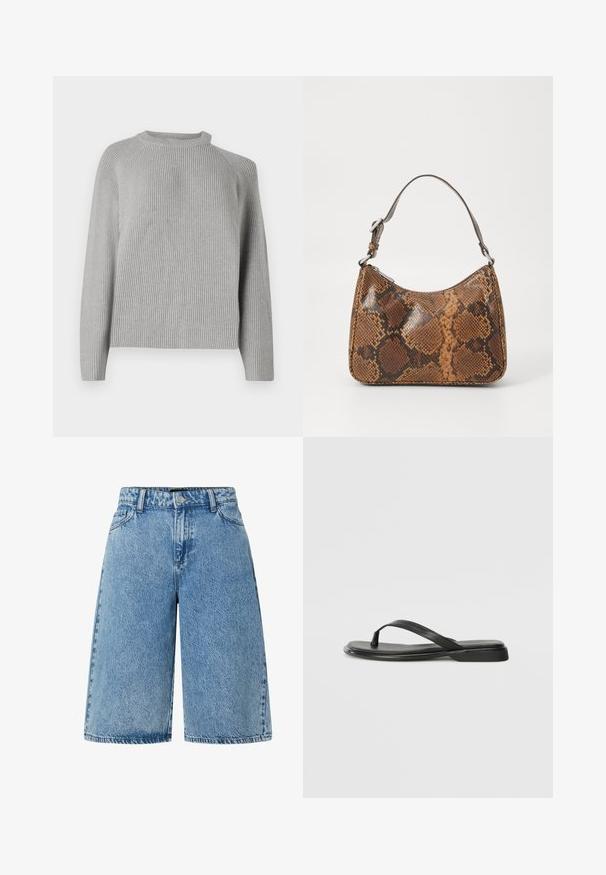 Copenhagen Muse COLIN PULLOVER - Strickpullover - light grey; Hellblaue Jeansshorts mit weitgeschnittenem Design, klassischem Fünf-Taschen-Stil und einem strukturierten Material mit einem ausgewaschenen Finish.; Schwarze Flip-Flops aus glattem Leder, mit einem dünnen Riemendesign und einer flachen Sohle mit minimalem Profil. Keine bemerkenswerten Muster oder Akzente.; Kleine Handtasche mit braunem und schwarzem Schlangenledermuster, kurzem verstellbarem Tragegurt und Reißverschluss.