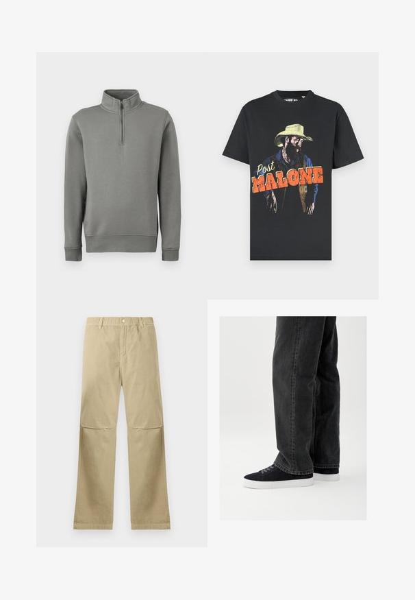 Grauer Pullover mit halbem Reißverschluss, gerippten Bündchen und geradem Saum. Hergestellt aus einem weichen Stoff mit glatter Textur.; Schwarzes Baumwoll-T-Shirt mit Cowboy-Grafik, dazu der Schriftzug „Post Malone“ in kräftigem Orange. Hochdetaillierter Druck mit strukturierter Optik.; Beige gerade geschnittene Hose mit Druckknopfverschluss, Gürtelschlaufen und Nahtdetails an den Knien, flach auf einem weißen Hintergrund ausgelegt.; Schwarze Jeans aus Denim mit lockerem Schnitt, kombiniert mit marineblauen Wildleder-Sneakern mit weißen Gummisohlen und schwarzen Schnürsenkeln. Einfaches und modernes Design.