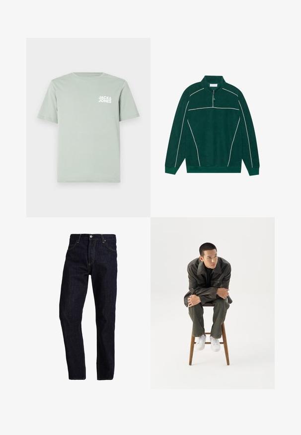 Grøn fleece sweatshirt med høj krave, halv lynlås og hvide piping-detaljer langs skuldrene og ærmerne. Blød tekstur, afslappet pasform.; Lys grøn t-shirt i bomuld med rund halsudskæring og korte ærmer. Har et hvidt logo "JACK & JONES" trykt på venstre bryst.; Mørkeblå denim jeans med lige pasform, med gul syning, fem lommer og en klassisk knap- og lynlås lukning.; Ung mand i mørk læderjakke og jeans sidder på en træskammel, læner sig fremad med armene krydset og kigger til siden mod hvid baggrund.