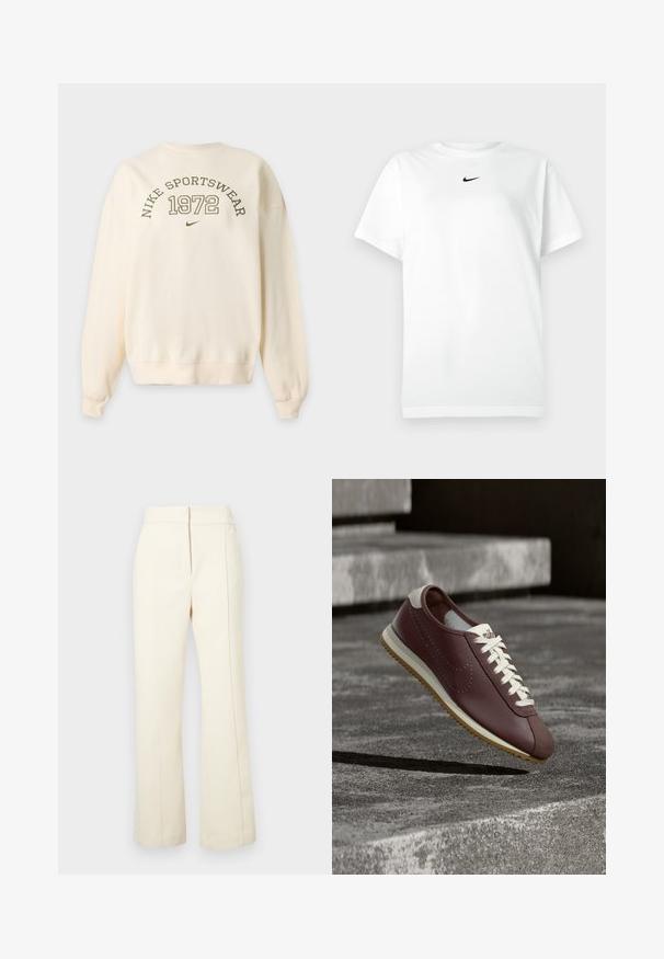 Sweat-shirt couleur crème avec "NIKE SPORTSWEAR 1972" et un petit logo Nike swoosh imprimé sur le devant.; T-shirt blanc à manches courtes avec col ras du cou, portant un petit logo Nike en forme de swoosh noir centré sous le col.; Pantalon crème avec une coupe évasée, taille élastique et coutures latérales discrètes. Présente un petit logo dans la partie inférieure avant.; Baskets Nike bordeaux avec lacets blancs et semelle beige suspendues au-dessus de marches en béton gris en plein air.