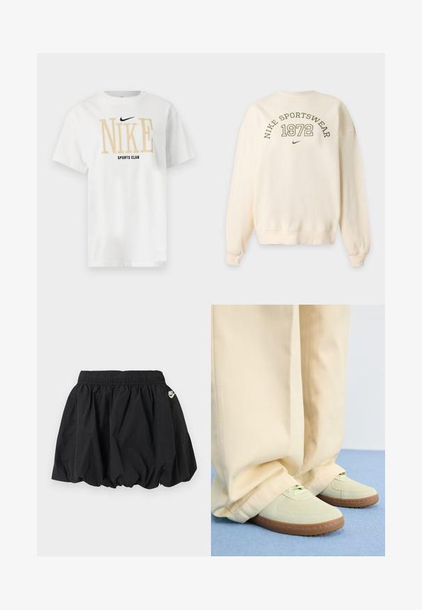 Φούτερ σε κρεμ απόχρωση με "NIKE SPORTSWEAR 1972" και μικρό λογότυπο Nike swoosh τυπωμένο στο μπροστινό μέρος.; Λευκό κοντομάνικο T-shirt με μεγάλο μπεζ κείμενο "NIKE", μικρό μαύρο σήμα Nike από πάνω και "SPORTS CLUB" μαύρο από κάτω στο κέντρο μπροστά.; Μαύρη μίνι φούστα Nike με ελαστική μέση και ρόδινο τελείωμα, με μικρό λευκό λογότυπο Nike στη δεξιά πλευρά.; Πράσινα σουέτ αθλητικά παπούτσια με στρογγυλές μύτες και υφασμάτινες σόλες, σε συνδυασμό με φαρδιά μπεζ παντελόνια, πάνω σε μπλε επιφάνεια.