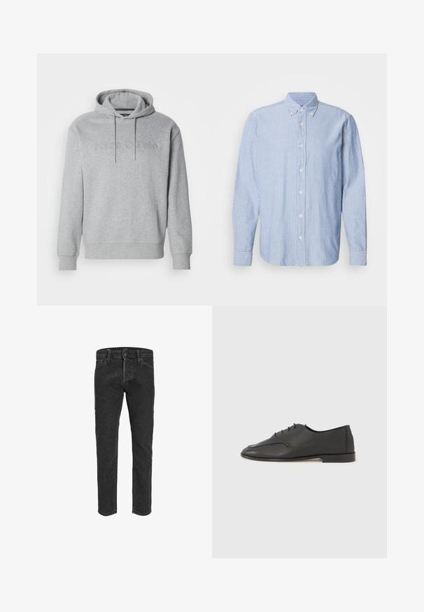 Grijze hoodie van een katoenmix, met een trekkoordcapuchon en een reliëflogo op de voorkant, voorzien van ribgebreide manchetten en onderrand.; Lichtblauw overhemd met witte strepen, met een klassieke kraag en lange mouwen. Gemaakt van geweven stof met een gladde textuur.; Zwarte denim jeans met een rechte pasvorm, vijf zakken en riemlussen, met een licht vervaagde textuur en contrasterende stiksels.; Zwarte leren veterschoen Oxford met gestructureerd oppervlak en lage hak, zijaanzicht tegen een effen lichtgrijze achtergrond.