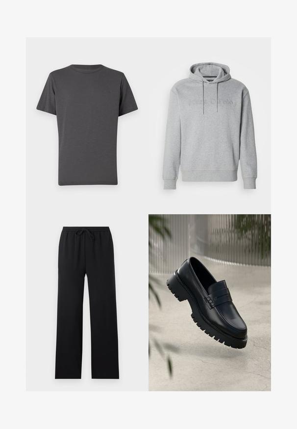 Grijze hoodie van een katoenmix, met een trekkoordcapuchon en een reliëflogo op de voorkant, voorzien van ribgebreide manchetten en onderrand.; Donkergrijs crew-neck t-shirt, korte mouwen, gemaakt van zachte stof. Heeft een subtiele logo op de voorkant, gladde textuur met minimale naden.; Zwarte loszittende broek met elastische tailleband en vooraan trekkoord, rechte pijpen, eenvoudig ontwerp, weergegeven op een neutrale achtergrond.; Zwarte leren instappers met een chunky loopzool, voorzien van een decoratieve band en stikseldetails. Gladde textuur met een gepolijste afwerking.