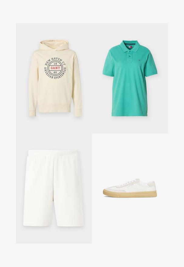 Sweat à capuche crème en matière douce, avec un logo circulaire affichant "GANT" en rouge et "NEW HAVEN CT 1949 AMERICAN SPORTSWEAR" en bleu marine.; Polo manches courtes vert menthe avec col, deux boutons et petit logo Tommy Hilfiger sur la poitrine gauche.; Shorts blancs à côtes avec une taille élastique, présentant une coupe droite et une texture douce, adaptés pour un usage décontracté.; Baskets blanches en cuir et daim, avec un design à lacets, une semelle en caoutchouc beige et un petit logo sur le côté.