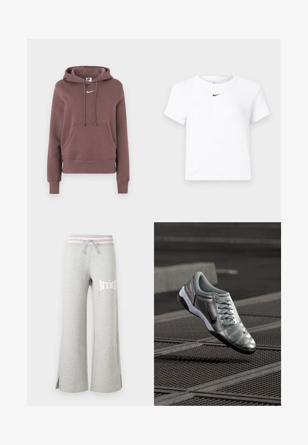 Brun hættetrøje med forlomme, snoretræk og hvid Nike-logo på brystet. Lavet af blødt stof, med ribbede manchetter og kant.; Hvid Nike cropped T-shirt med korte ærmer og en lille sort Nike swoosh-logo centreret under nakkekanten.; Lysegrå sweatpants med vide ben, pink stribet linning, snor, sideslidser og hvid Nike-logo på venstre lår.; Sølv Nike sko med en glat finish, der har et snørebåndsdesign og en sort ydersål. Tekstureret overdel med subtile accenter og logo.