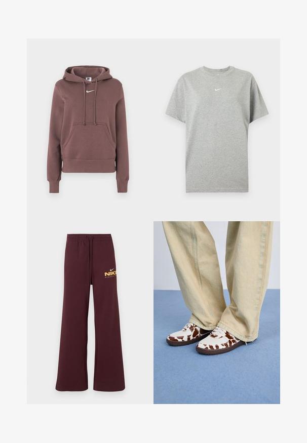Bruine hoodie met een voorzak, trekkoorden en een wit Nike-logo op de borst. Gemaakt van zachte stof, met geribbelde manchetten en zoom.; Grijs katoenen T-shirt met korte mouwen, ronde hals en klein wit Nike swoosh-logo in het midden van de borst.; Bordeauxrode sweatpants met wijde pijpen en een taille met trekkoord, voorzien van een klein wit en geel Nike-logo en de tekst "Athletic Club" op de rechterdij.; Witte en bruine sneakers met een patroon, gemaakt van mesh en leer, met bruine rubberen zolen. Gecombineerd met lichtbeige wijde broekspijpen.