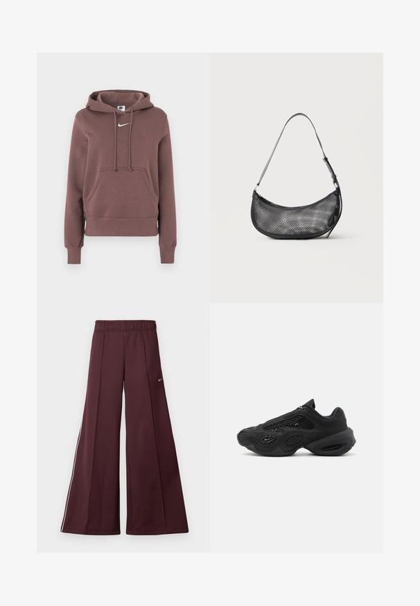 Brun hættetrøje med forlomme, snoretræk og hvid Nike-logo på brystet. Lavet af blødt stof, med ribbede manchetter og kant.; Bordeaux bredde-bukser i et glat stof med elastisk talje og hvide striber på siden. Har et lille Nike-logo på venstre lår.; Sort atletiksneaker med meshpaneler, tyk, polstret sål og lille swoosh-logo på siden, fotograferet mod en ensartet baggrund.; Lille sort mesh skuldertaske i halvmåneform med justerbar tynd rem, sat mod en ensfarvet lys baggrund.
