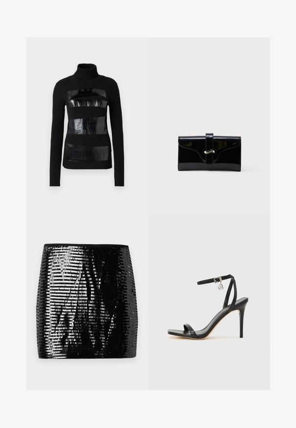 Un pull à col roulé noir présentant une texture côtelée avec des panneaux horizontaux noirs brillants. Design ajusté avec des manches longues et un col haut.; Jupe mini en sequins noirs avec une silhouette ajustée. Composée de sequins métalliques brillants disposés en rangées, réfléchissant la lumière. Bordée d'une taille noire unie.; Sandale à talon haut noire avec une bride étroite à la cheville, bout carré, cuir lisse et accent de boucle métallique.; Portefeuille rectangulaire brillant noir avec une sangle frontale et une fermeture à boucle en métal argenté, présenté sur un fond blanc uni.