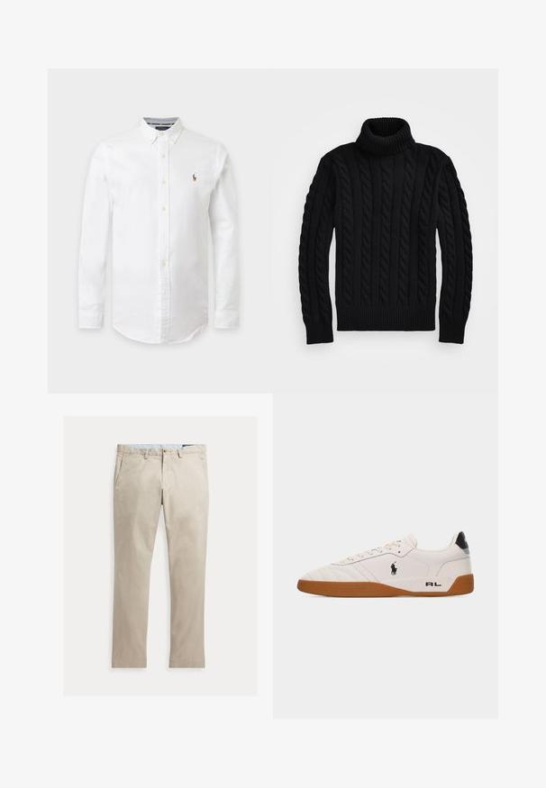 Sort rullekrave sweater med kabelstrikmønster, ribbede kraver og manchetter samt en struktureret overflade. Designet til en tætsiddende silhuet.; Hvid langærmet skjorte med knapper og knappekrave samt et lille broderet logo på venstre bryst.; Beige bomuldsbukser med lige ben, forlommer, bæltestropper, knaplukning og lynlås, lagt fladt på en hvid baggrund.; Hvid lav sneakers med brun gummisål, sort Polo Ralph Lauren-logo på siden og "RL" tekst på hælområdet.