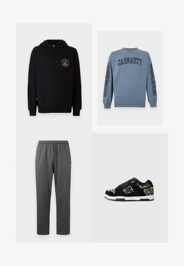 Schwarzer Hoodie mit Kängurutasche, Kordeln und einem goldenen Grafiklogo auf der linken Brust. Hergestellt aus weichem, strukturiertem Stoff.; Blaues Carhartt Langarmshirt mit Schlangenledermuster-Text auf der Vorderseite und passenden Schlangenleder-Designs entlang beider Ärmel.; Dunkelgraue Fleece-Sweathosen mit elastischem Bund und Kordelzug, mit kleinem Logo am rechten Oberschenkel.; Schwarze Wildledersneaker mit Camouflage-Muster an der Seite, weißer Mittelsohle und schwarzer Gummisohle. Mit Schnürsenkeln und Logodetail an der Seite.