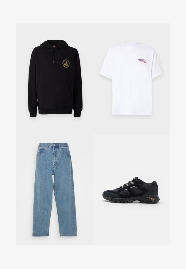 Schwarzer Hoodie mit Kängurutasche, Kordeln und einem goldenen Grafiklogo auf der linken Brust. Hergestellt aus weichem, strukturiertem Stoff.; Weißes T-Shirt mit kurzen Ärmeln und einem kleinen ovalen rosa-blauen Logo auf der linken Brust, vor einem schlichten hellen Hintergrund.; Hellblaue Denim-Jeans mit hoher Taille und lockerer Passform, ausgestattet mit zwei vorderen Taschen, einer hinteren Aufsatztasche und einem Knopfverschluss.; Schwarzer Outdoor-Schuh aus Wildleder und Mesh mit robuster Sohle. Verfügt über graue Akzente und Vibram-Branding an der Seite. Schnürdesign.