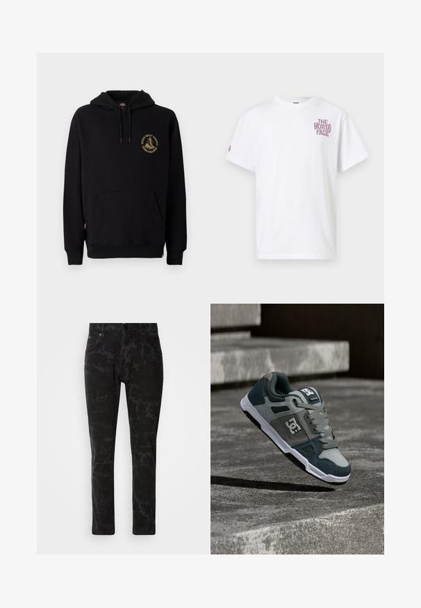 Sort hættetrøje med kængurulomme, snore og et guld grafiklogo på venstre bryst. Lavet af blødt, struktureret stof.; Hvid T-shirt med korte ærmer og lilla "The North Face"-logo på venstre bryst samt mindre logo på venstre ærme.; Sorte denim jeans med et marmor mønster, lige ben design, fem-lomme stil og en knaplukning i taljen.; Grå og mørkegrøn DC skate-sko med hvid sål og logo, svævende over betonstrin i udendørs omgivelser.