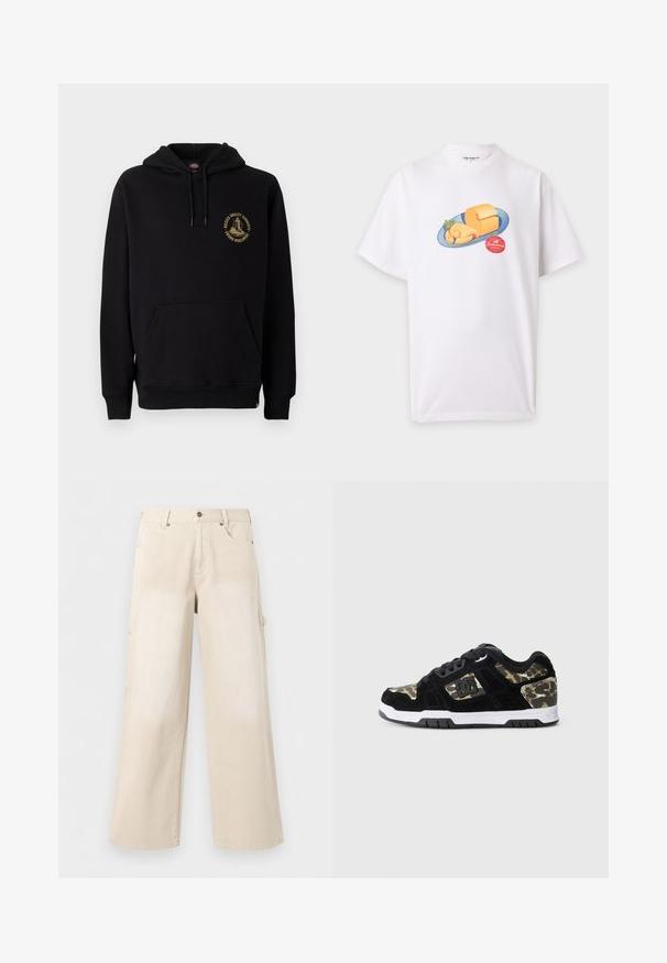 Sudadera negra con un bolsillo canguro, cordones y un logo gráfico dorado en el pecho izquierdo. Fabricada con una tela suave y texturizada.; Camiseta blanca de manga corta con un gráfico de un plato azul que sostiene queso y una ramita de hierba verde, además de una etiqueta circular roja debajo del plato.; Pantalones beige de pierna ancha con bolsillos delanteros, cierre de botón y trabillas para cinturón, mostrados sobre un fondo blanco liso.; Zapatilla de ante negra con patrón de camuflaje en el lateral, media suela blanca y suela exterior de goma negra. Presenta cordones y detalle del logo en el lateral.