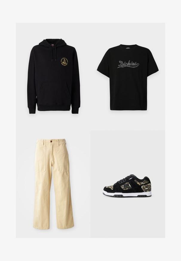Zwarte hoodie met een kangoeroezak, trekkoorden en een gouden grafisch logo op de linkerborst. Gemaakt van zachte, gestructureerde stof.; Zwart T-shirt met korte mouwen en het "Dickies"-logo in cursief gedrukt over de borst, afgebeeld op een effen witte achtergrond.; Beige wijde broek van katoen. Heeft een hoge taille, twee zijzakken met een vlak design en een enkele knoopsluiting.; Zwarte suède sneaker met een camouflagemotief aan de zijkant, witte tussenzool en zwarte rubberen zool. Bevat veters en logo-details aan de zijkant.