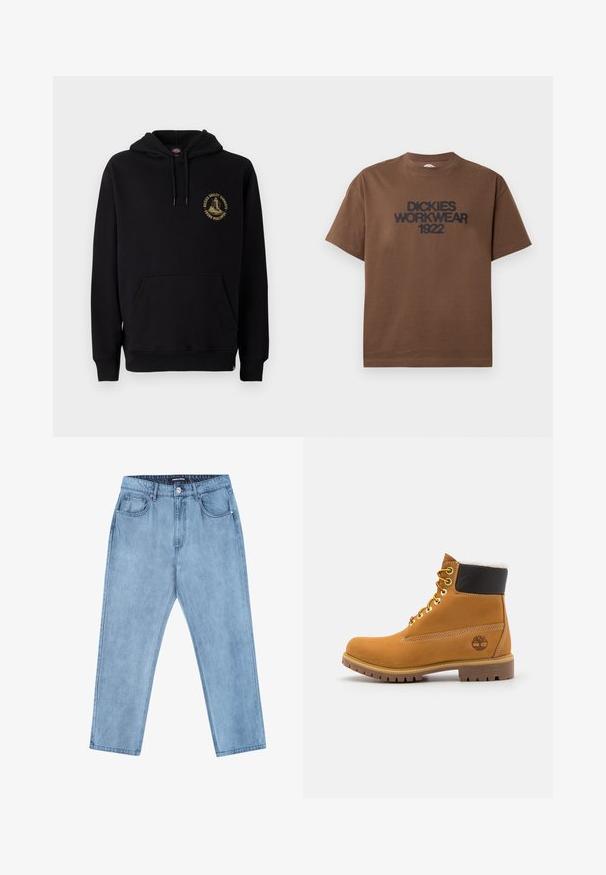 Sort hættetrøje med kængurulomme, snore og et guld grafiklogo på venstre bryst. Lavet af blødt, struktureret stof.; Brun T-shirt med korte ærmer og sort tekst "DICKIES WORKWEAR 1922" trykt på brystet, vist på en hvid baggrund.; Lyseblå denimjeans med lige pasform, fem lommer og et mærket bæltet. Stoffet har en let slidt tekstur.; Brune læder ankelstøvle med metaløjer, hvid pelsforing, sort polstret krave, robust sål og præget logo på siden.