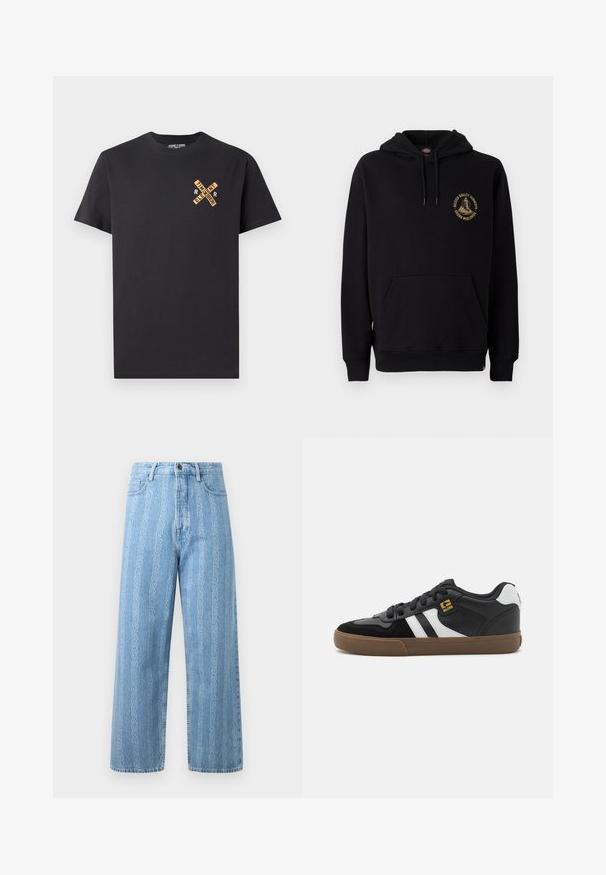 Schwarzer Hoodie mit Kängurutasche, Kordeln und einem goldenen Grafiklogo auf der linken Brust. Hergestellt aus weichem, strukturiertem Stoff.; Schwarzes Baumwoll-T-Shirt mit einem grafischen Design in Orange, das die Worte "ELEMENT" und "REMEMBER" in einem Kreuzmuster auf der Brust zeigt.; Hellblaue Denim-Jeans mit weitem Bein, die ein wiederkehrendes Kettenmuster aufweisen. Klassischer Fünf-Taschen-Stil und metallischer Knopf. ; Schwarz-weiße Sneakers mit einem Obermaterial aus Wildleder und Leder, ausgestattet mit weißen Streifen, schwarzen Schnürsenkeln und einer braunen Gummisohle. Mit goldenen Logo-Akzenten.