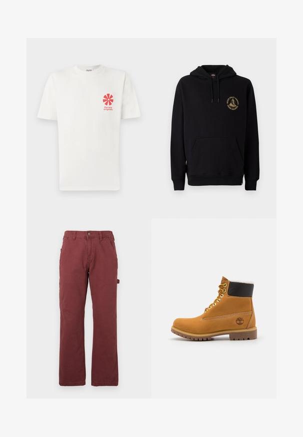 Sudadera negra con un bolsillo canguro, cordones y un logo gráfico dorado en el pecho izquierdo. Fabricada con una tela suave y texturizada.; Camiseta de algodón blanca con un diseño gráfico de una flor roja en el lado izquierdo del pecho, con el texto "los nuevos originales" debajo. Manga corta, escote redondo.; Pantalones de trabajo rectos para hombre en rojo oscuro, con bolsillos frontales, lazos para cinturón, cierre de botón, cremallera y un lazo lateral para herramientas.; Botín de cuero marrón con ojales de metal, forro de piel sintética blanca, cuello acolchado negro, suela resistente y logotipo en relieve en el costado.