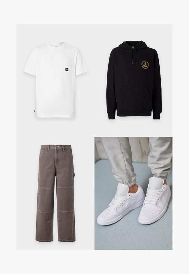 Schwarzer Hoodie mit Kängurutasche, Kordeln und einem goldenen Grafiklogo auf der linken Brust. Hergestellt aus weichem, strukturiertem Stoff.; Weißes Baumwoll-T-Shirt mit Rundhalsausschnitt, kurzen Ärmeln und einer Brusttasche mit schwarzem Logo-Patch. Glatte Textur, lockere Passform.; Weite Hosen in einem verblassten Braunton, aus strapazierfähigem Stoff mit kontrastierenden Nähten. Mit Paneeldetails und einer Seitentasche.; Weiße Ledersneaker mit perforierter Zehenbox, flachen Schnürsenkeln, gepolstertem Kragen und dem Jordan-Logo auf der Zunge. Getragen mit grauen Jogginghosen.