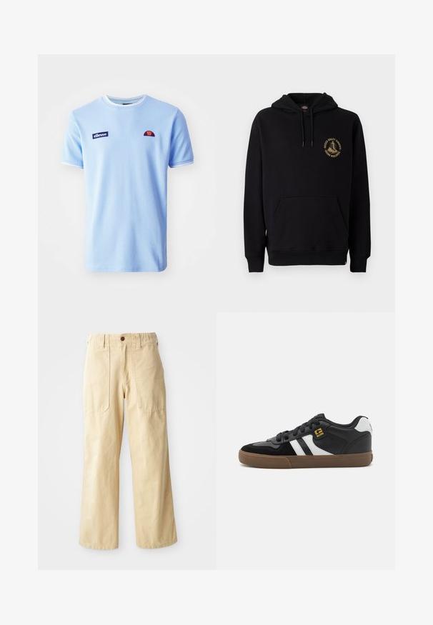 Sudadera negra con un bolsillo canguro, cordones y un logo gráfico dorado en el pecho izquierdo. Fabricada con una tela suave y texturizada.; Ellesse BELVIDER TEE - Camiseta estampada - light blue; Pantalones de pierna ancha beige de algodón. Cuentan con una cintura alta, dos bolsillos frontales de diseño plano y un cierre de un botón.; Zapatillas en blanco y negro con parte superior de ante y cuero, que presentan franjas blancas, cordones negros y una suela de goma marrón. Acentos de logo dorados.