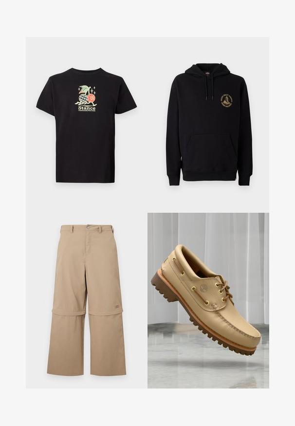 Sort hættetrøje med kængurulomme, snore og et guld grafiklogo på venstre bryst. Lavet af blødt, struktureret stof.; Sort bomulds t-shirt med et farverigt grafisk print af en ananas og kirsebær, teksten lyder "Stance Community Run Club." Korte ærmer.; Beige cargobukser med aftagelige ben, bæltestropper, sidelommer og knaplukning, vist på hvid baggrund.; Lysbrune læderbådsko med tyk, rillet sål og snøre detaljer, svævende over et marmor gulv med baggrund af hvide lodrette persienner.