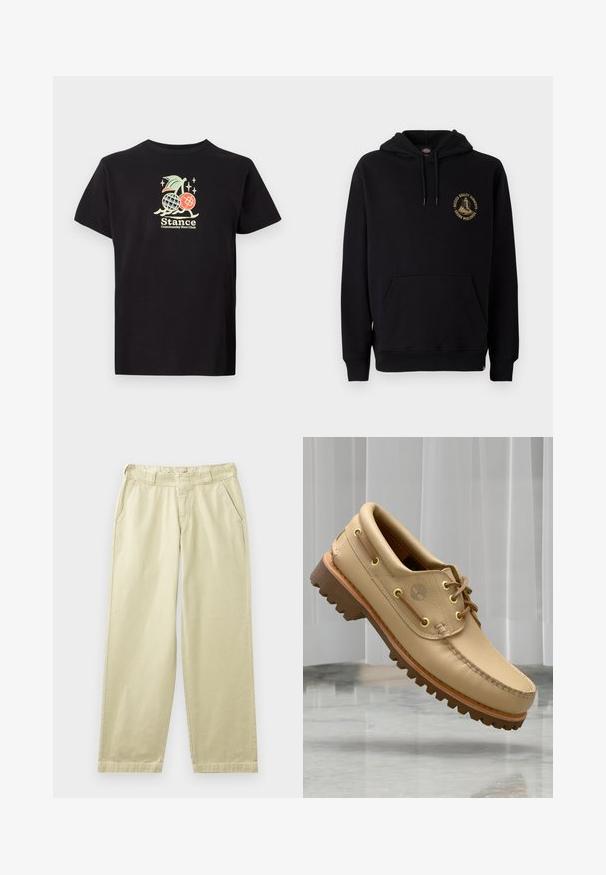 Sort hættetrøje med kængurulomme, snore og et guld grafiklogo på venstre bryst. Lavet af blødt, struktureret stof.; Sort bomulds t-shirt med et farverigt grafisk print af en ananas og kirsebær, teksten lyder "Stance Community Run Club." Korte ærmer.; Beige bomuldsbukser med en afslappet pasform, der har sidelommer, bæltestropper og lige ben. Glat tekstur med minimale syningsdetaljer.; Lysbrune læderbådsko med tyk, rillet sål og snøre detaljer, svævende over et marmor gulv med baggrund af hvide lodrette persienner.