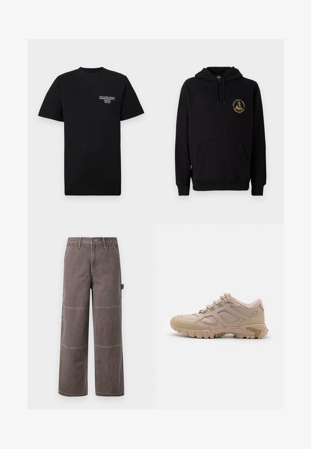 Sudadera negra con un bolsillo canguro, cordones y un logo gráfico dorado en el pecho izquierdo. Fabricada con una tela suave y texturizada.; Camiseta de algodón negra con mangas cortas y cuello redondo, que presenta un logo impreso en blanco en el lado izquierdo del pecho. Textura suave, ajuste estándar.; Pantalones de pierna ancha en un color marrón desgastado, hechos de un tejido duradero con costuras en contraste. Cuenta con detalles en panel y un bolsillo lateral.; Zapatilla deportiva beige con una parte superior de malla texturizada, superposición sintética y suela Vibram. Presenta un sistema de cordones y detalles en el panel lateral.