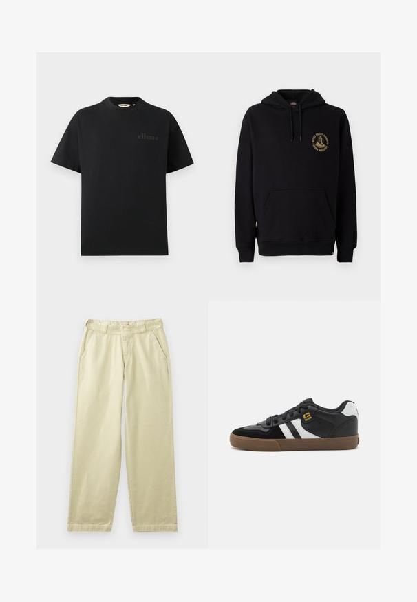 Schwarzer Hoodie mit Kängurutasche, Kordeln und einem goldenen Grafiklogo auf der linken Brust. Hergestellt aus weichem, strukturiertem Stoff.; Schwarzes T-Shirt aus Baumwolle mit klassischem Rundhalsausschnitt und kurzen Ärmeln. Verfügt über ein dezentes, geprägtes Logo auf der Brust.; Beige Baumwollhosen mit lockerem Schnitt, ausgestattet mit Seitentaschen, Gürtelschlaufen und geraden Beinen. Glatte Textur mit minimalen Nahtdetails.; Schwarz-weiße Sneakers mit einem Obermaterial aus Wildleder und Leder, ausgestattet mit weißen Streifen, schwarzen Schnürsenkeln und einer braunen Gummisohle. Mit goldenen Logo-Akzenten.