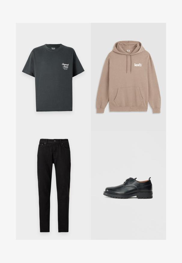 Beige hætted sweatshirt med en frontlomme, snørelukning i hætten og hvid "levi's" logo på brystet. Fremstillet af en blød stofblanding.; Mørkegrå bomulds t-shirt med rund hals, korte ærmer og et hvidt skriptlogo på venstre brystområde. Enkel, udekoreret design.; Sorte slim-fit jeans med frontknap og lynlås lukning, bæltestropper og to forlommer synlige på en hvid baggrund.; Sorte læder derby-sko med en glat overflade, rund tå, snøre-design og en tyk, robust gummisål.