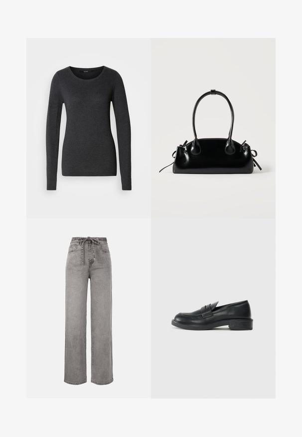 Mørkegrå langærmet sweater med rund halsudskæring, blød tekstur og diskrete mønsterdetaljer på forsiden og ærmerne.; Højtaljede, viddebenede grå denimjeans med et stofbælte bundet foran og forlommer.; Sorte læder loafers med rund tå, stikninger og en lille hæl. Glat tekstur og en fleksibel gummisål.; Lille sort blank håndtaske med to lange håndtag og snøre-detaljer i siden på en ensfarvet lys baggrund.