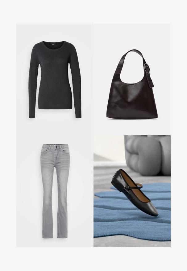 Mørkegrå langærmet sweater med rund halsudskæring, blød tekstur og diskrete mønsterdetaljer på forsiden og ærmerne.; Grå denim jeans med et flagrende ben design, som har en klassisk fem-lomme stil og en knaplukning. Struktureret stof med let falming.; Sort læder Mary Jane-sko med spænde, vist på et struktureret blåt tæppe, med en sløret grå tuftet sofa i baggrunden.; Brun læder skuldertaske med en glat tekstur, rund form, bred rem og cirkulært metalaccent på håndtaget.