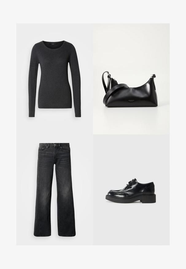 Mørkegrå langærmet sweater med rund halsudskæring, blød tekstur og diskrete mønsterdetaljer på forsiden og ærmerne.; Viddeben jeans i mørkegråt denim, med klassisk femlommersdesign, let falming og metalhardwaredetaljer ved linningen.; Sorte læder oxford sko med rund tå, snørebåndsdesign og en tykk sort gummisål. Glat tekstur og minimale syninger.; Sort læderhåndtaske med en glat tekstur. Har en justerbar stropp og et enkelt, minimalistisk design med lynlås.