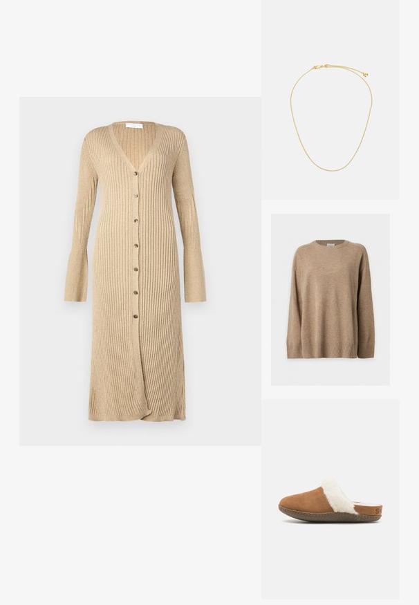 Jersey de punto beige de manga larga con puños, bajo y cuello redondo acanalados, mostrado extendido sobre un fondo blanco.; Cardigan beige de canalé con mangas largas, cierre frontal de botones, escote en V y puños acampanados. Fabricado en un material de punto suave con un acabado texturizado.; Zapatilla de ante marrón sin cordones con un forro blanco y esponjoso y una suela texturizada. Presenta un borde cosido y un pequeño detalle de marca en el talón.; Collar de oro con una cadena delgada, cierre de langosta, eslabones texturizados y un pequeño charm redondo al final.