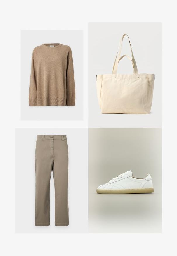 Pull en maille beige à manches longues avec poignets, bas et col rond côtelés, présenté à plat sur fond blanc.; Chino en coton kaki avec une coupe droite, dotés d'un bouton à l'avant, de poches latérales et d'une texture lisse. Pas de motifs ou d'accents visibles.; Baskets basses en cuir blanc avec semelle beige, lacets et motifs cousus subtils sur fond neutre.; Sac fourre-tout en toile beige avec deux paires de poignées, design simple, et marquage discret en relief "SAMSOE SAMSOE" sur le devant.