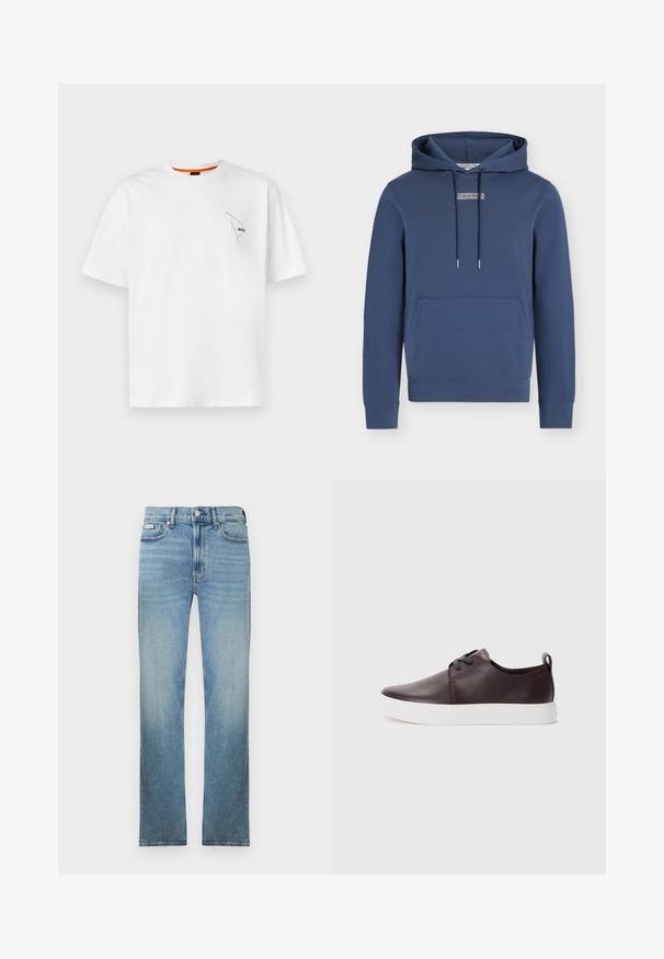 Tmavomodrá mikina s kapucňou, predným klokaním vreckom, nastaviteľnými šnúrkami a malým logom Calvin Klein na hrudi.; Biele bavlnené tričko s krátkymi rukávmi, okrúhlym výstrihom, so zvýrazneným malým čiernym logom na ľavej hrudi a oranžovým detailom vo vnútri goliera.; Svetlomodré rifle z denimu s priamym strihom nohavíc, dizajnom s piatimi vreckami a vyblednutým efektom. Disponujú zapínaním na gombíky a pútkami na opasok.; Hnedé kožené tenisky s hladkým povrchom, bielou gumovou podrážkou, zaoblenou špičkou a šnurovaním. Obsahujú aj pútko na päte.