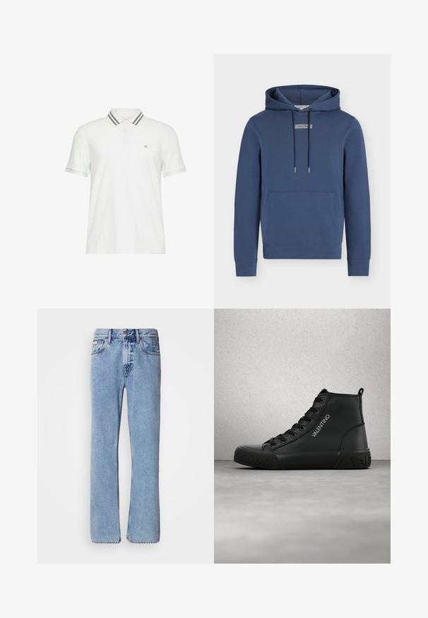 Sweat à capuche bleu marine avec poche kangourou à l’avant, cordons réglables et petit logo Calvin Klein sur la poitrine.; Polo blanc à manches courtes avec col rayé gris et petit logo "cK" sur la poitrine gauche.; Jean en denim bleu clair avec une coupe droite, cinq poches et une fermeture à bouton. Détails de couture près des poches et de la taille.; Baskets montantes noires avec une surface extérieure en cuir lisse, un design à lacets, un logo en détail, et une semelle en caoutchouc texturée.