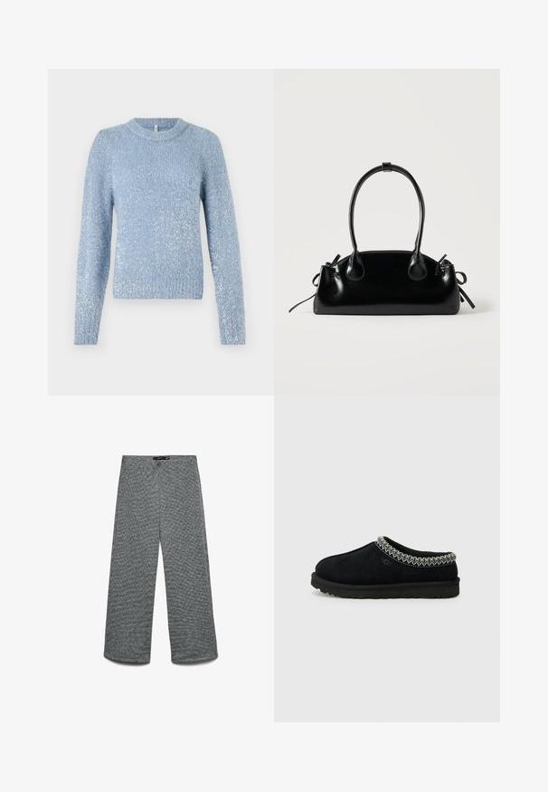 Pull en tricot bleu clair avec un col rond, des manches longues, et une finition légèrement texturée avec des accents de scintillement subtils dans tout le vêtement.; Pantalon à jambes larges en tissu tricoté gris texturé. Doté d'une taille haute et de jambes droites, offrant une coupe décontractée.; Des sabots noirs en suede à enfiler présentent un accent tissé texturé le long du col et une semelle en caoutchouc noire avec un profil anti-dérapant.; Petit sac à main noir brillant avec deux longues anses et des détails à cordon sur les côtés sur un fond clair uni.