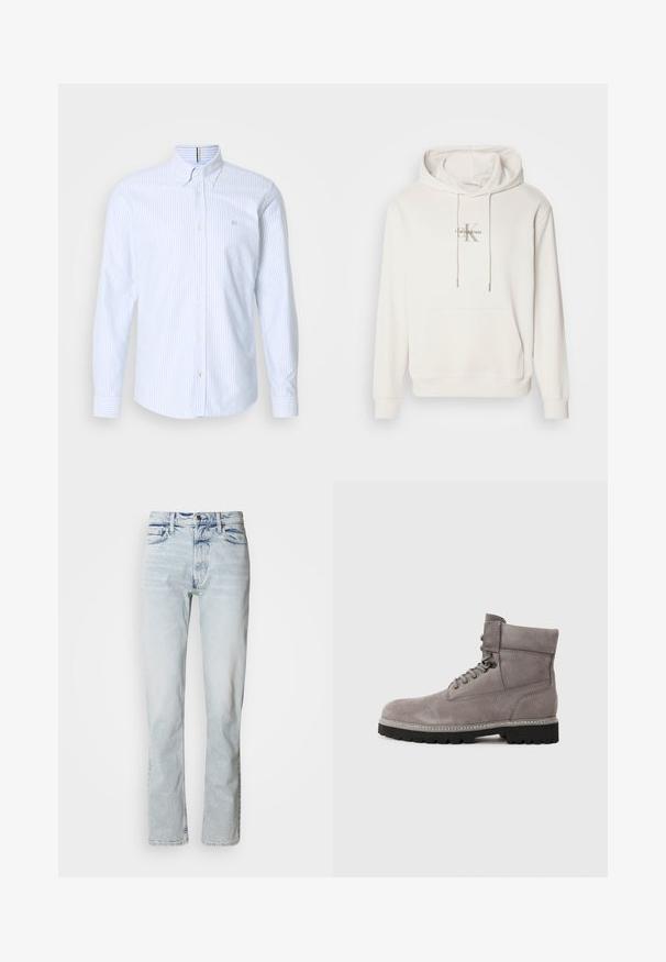 Biela mikina s kapucňou z mäkkej tkaniny; má predné klokanie vrecko, rebrované manžety a logo s nápisom "Calvin Klein" nad štylizovaným "K."; Modrá a biela pruhovaná dlhá košeľa s golierom, na hrudi má malé logo a zapínanie na gombíky. Vyrobené z bavlny.; Svetlomodré rifľové nohavice s rovnakým strihom, opotrebovanou textúrou, dizajnom s piatimi vreckami a klasickým gombíkovým zapínaním v páse.; Sivé semišové členkové topánky s okrúhlou špičkou, kovovými očkami a hrubou čiernou gumovou podrážkou. Majú hladký povrch a vystužené švy.