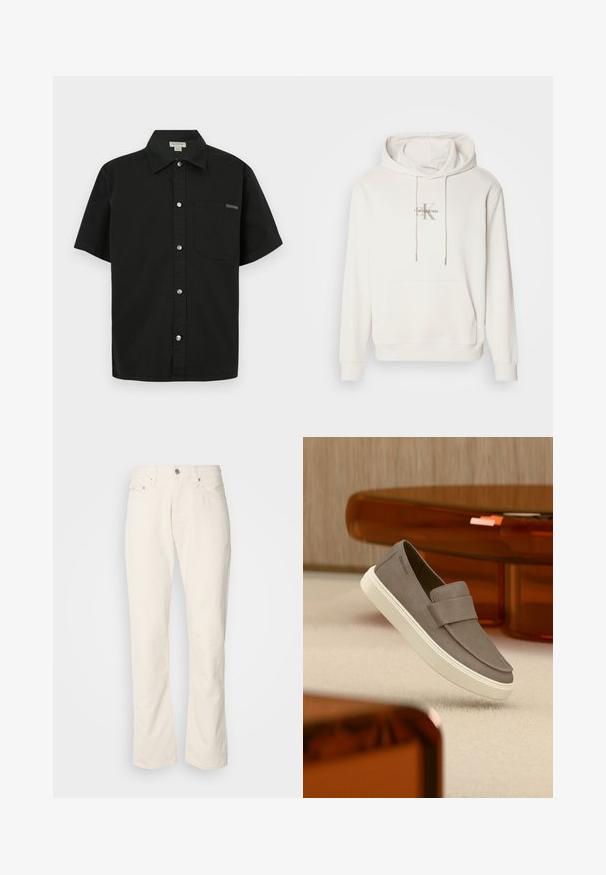 Weißer Kapuzenpullover aus weichem Material; verfügt über eine frontale Kängurutasche, gerippte Bündchen und ein Logo mit "Calvin Klein" über einem stilisierten "K."; Schwarzes Kurzarmhemd aus Baumwolle mit Knopfleiste, einer einzelnen Brusttasche und kleinem Logo-Akzent in der Nähe der Tasche.; Beige Baumwolljeans mit klassischem geradem Bein, ausgestattet mit einem Frontknopfverschluss, fünf Taschen und dezenten Nähdetails.; Grauer Slip-On-Schuh aus Wildleder mit weißer Sohle, der über einem beigen Teppich schwebt, im Hintergrund durchscheinende orangefarbene Möbel.