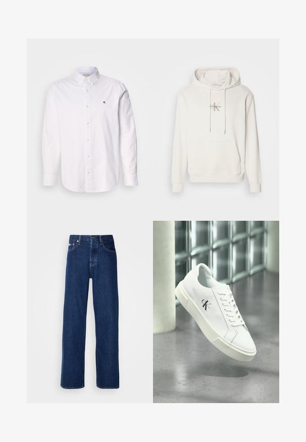 Sudadera blanca con capucha en tejido suave; presenta un bolsillo canguro frontal, puños acanalados y un logo con "Calvin Klein" sobre una "K" estilizada.; Camisa blanca de algodón, con cuello clásico, mangas largas y un pequeño logo de CK en el lado izquierdo del pecho. Textura suave.; Vaqueros de mezclilla azul oscuro con un diseño de pierna ancha, que presentan un cierre de botón y el clásico estilo de cinco bolsillos. La tela tiene una textura suave.; Zapatilla blanca Calvin Klein con cordones, mostrada flotando sobre un suelo de cemento pulido y un fondo de pared de bloques de vidrio.